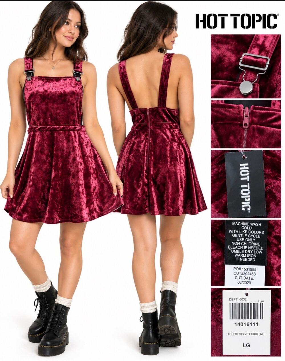 Y2K 00s Goth Grunge Hot Topic Velvet Skater Pinafore Dress Size LG Burgundy NWT